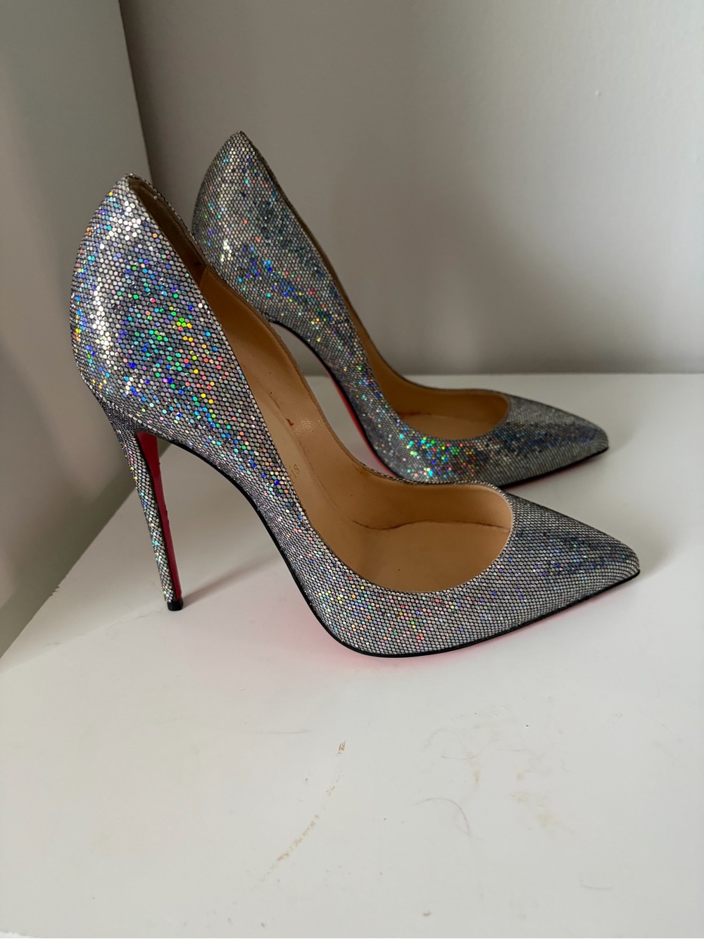 Christian Louboutin Silver Glitter Pointed-Toe Stiletto Pumps